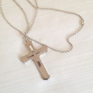 Edforce Silver Large Double Cross Stainless Steel Necklace